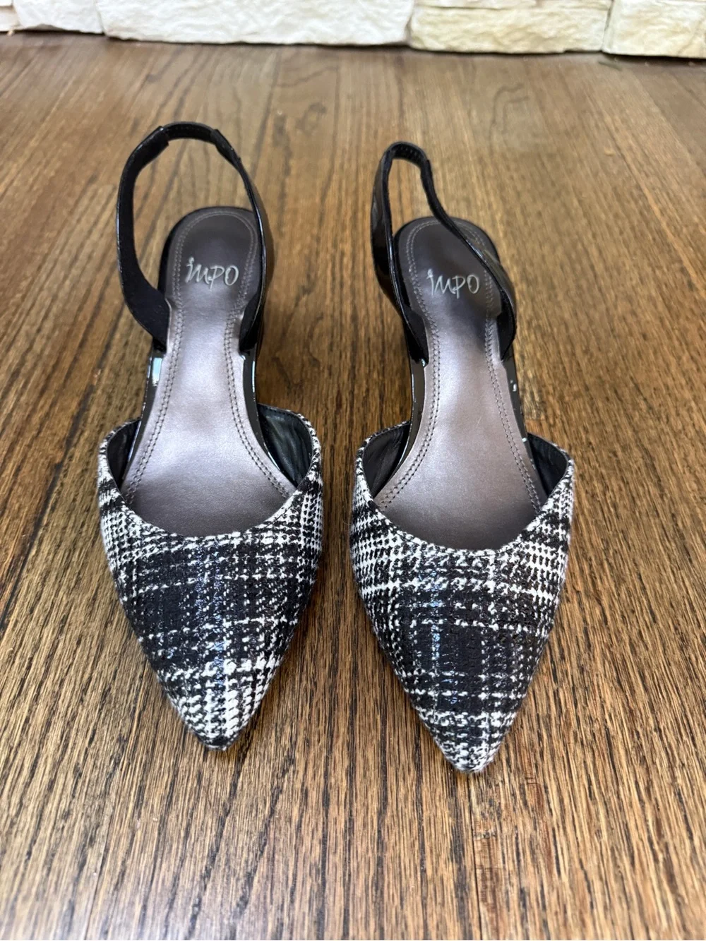 Qupid Black & White Plaid Pointed Slingback kitten Heels